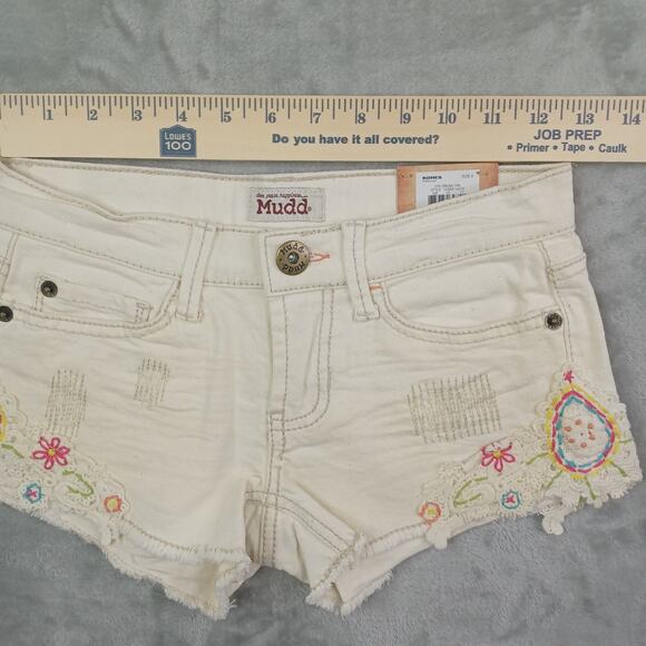 Y2K Mudd Crochet Low Denim Short Size 0 Cream Cutoff Shortie Festival Indie Boho - Picture 9 of 12